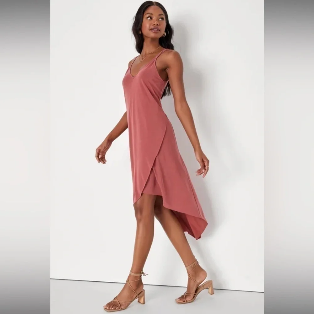 Lulu’s Hi-Low Twin Spaghetti Strap Stretch Knit Dress In Washed Red Size M - Picture 4 of 10